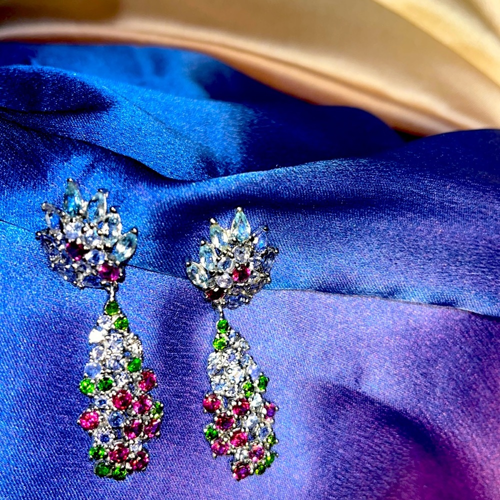 Marquise Sky Blue Topaz Rhodolite Tanzanite  14K GP 925 Sterling Silver Earrings